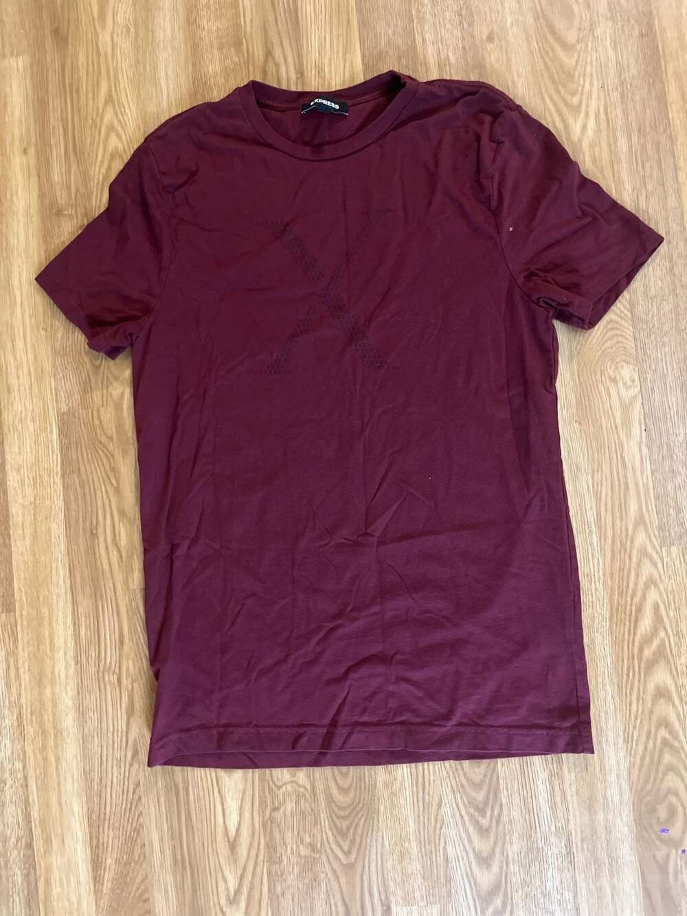 Express Men's Maroon Short Sleeve Crew Neck T-Shirt with Embroidered X Detail